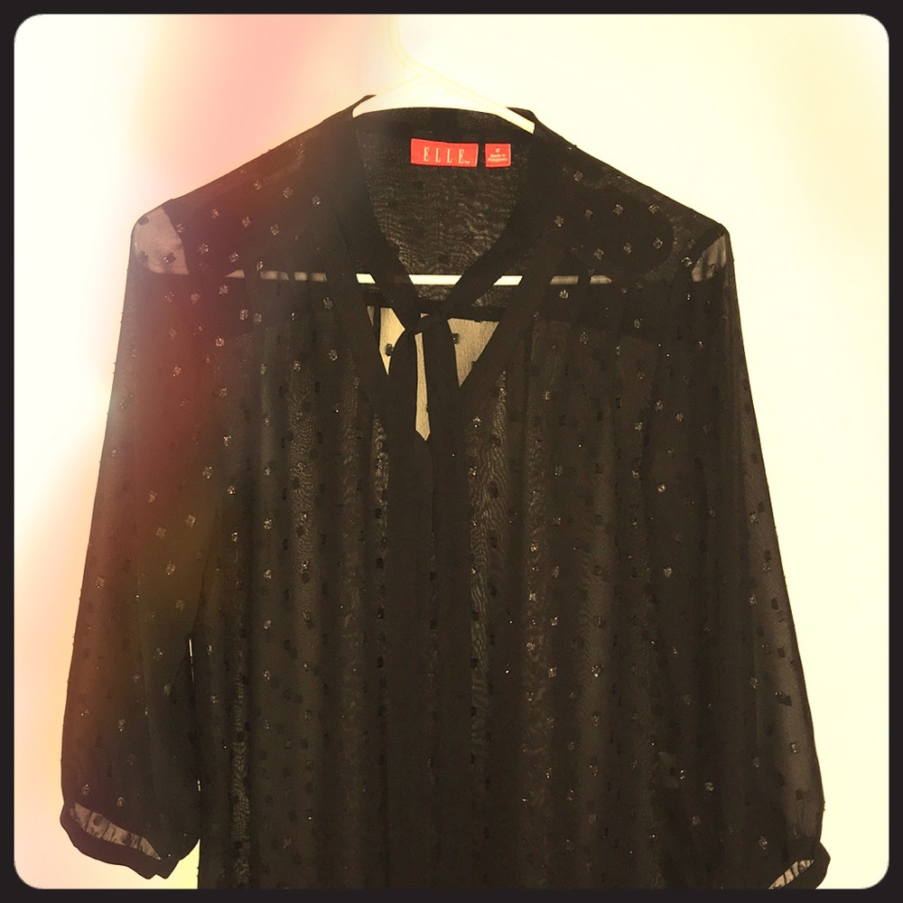 Sheer black button down with neck-bow
